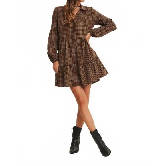 NEW IN FEBRUARY abigail plaid tiered babydoll mini dress in brown - Picture 3 of 4